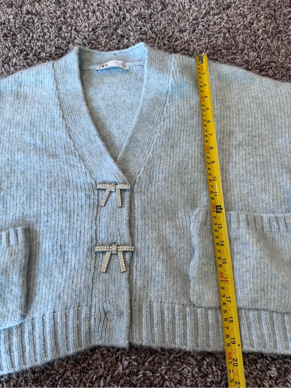 ZARA Jewel Bow Cardigan Sweater Baby Blue Coquette Blogger Favorite Preppy M - Picture 8 of 9